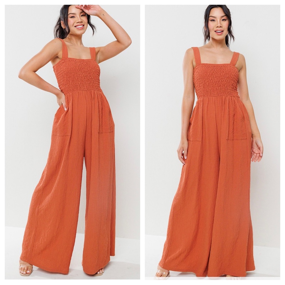 Fabulous Smocked Straight Neck Wide Leg Jumpsuit - Picture 2 of 4